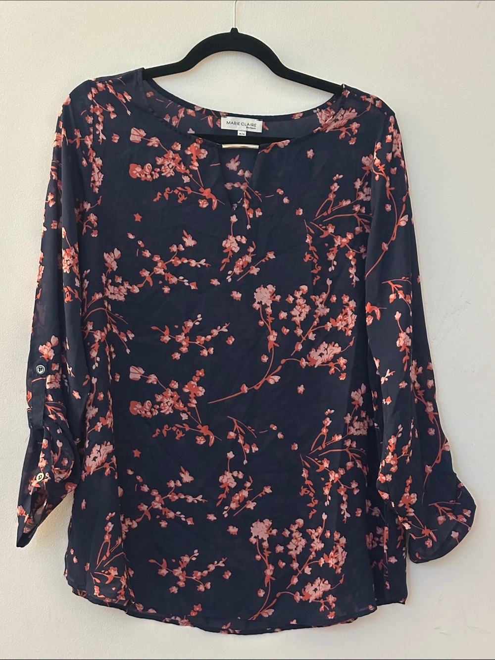 Navy Blouse with Pink Floral Print